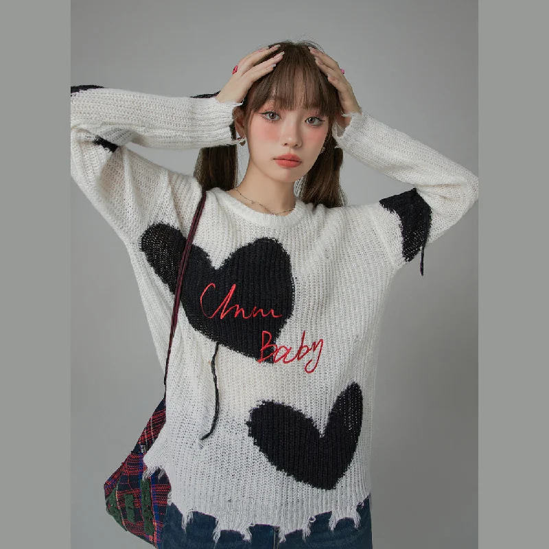 Ruffled Knit TopsDistressed Heart Loose Fit Sweater