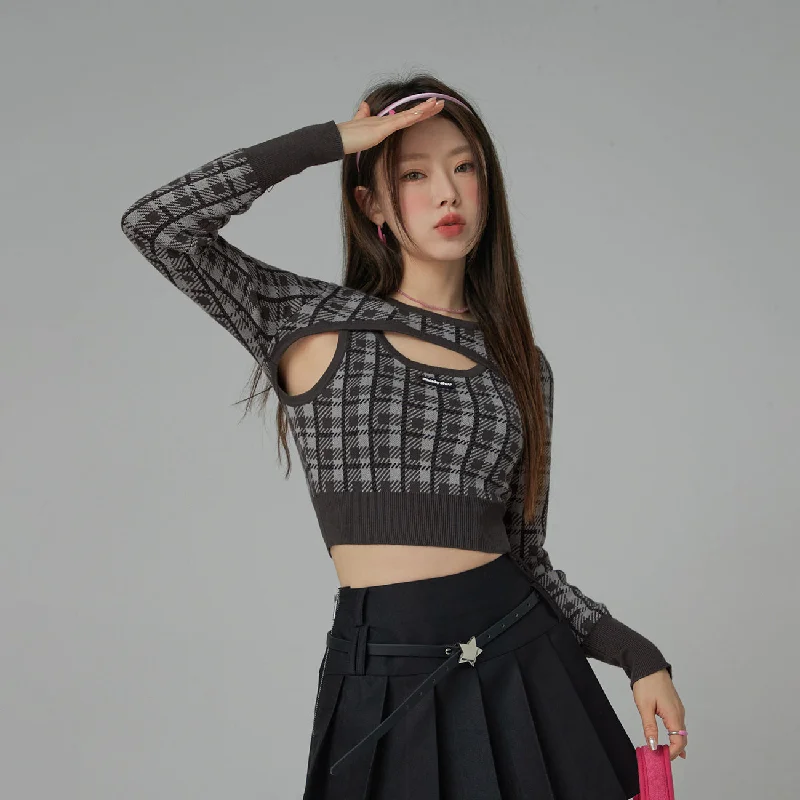 Metallic Knit Tops2-Layers Chest Cutout Check Knit Sweater