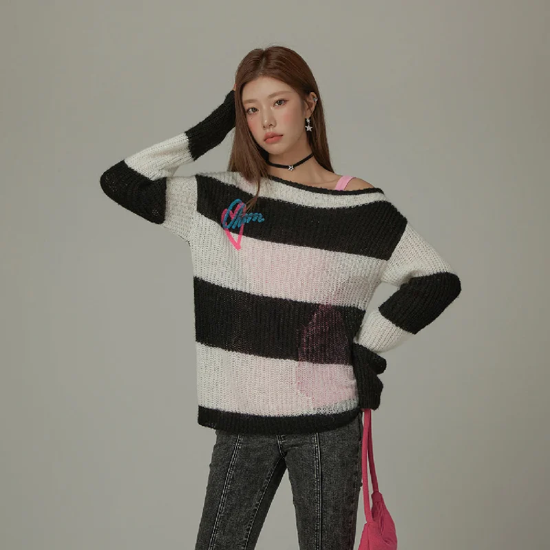 Lace-Up Knit TopsOff-Shoulder Loosefit Maxi Stripes Sweater