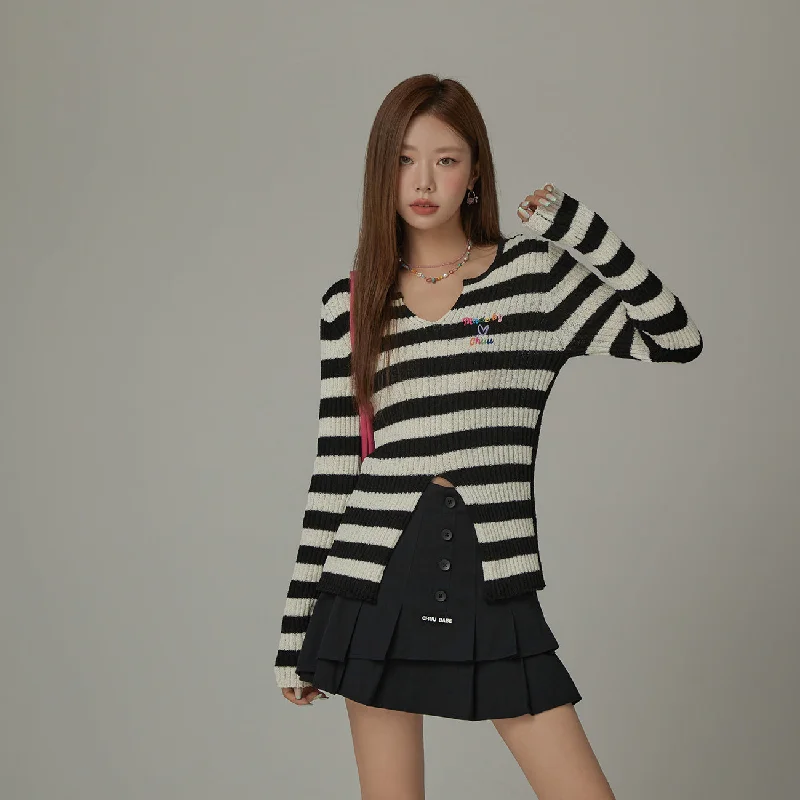 Fringed Knit TopsSlit Color Lettering Stripe Knit Sweater