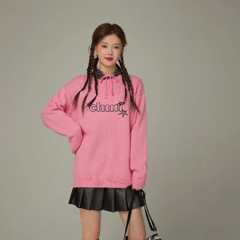 Recycled Fabric Knit TopsLogo Star Lettering Loose Fit Knit Sweater