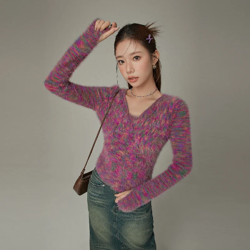 Acrylic Knit TopsColor Fuzzy Knit Sweater