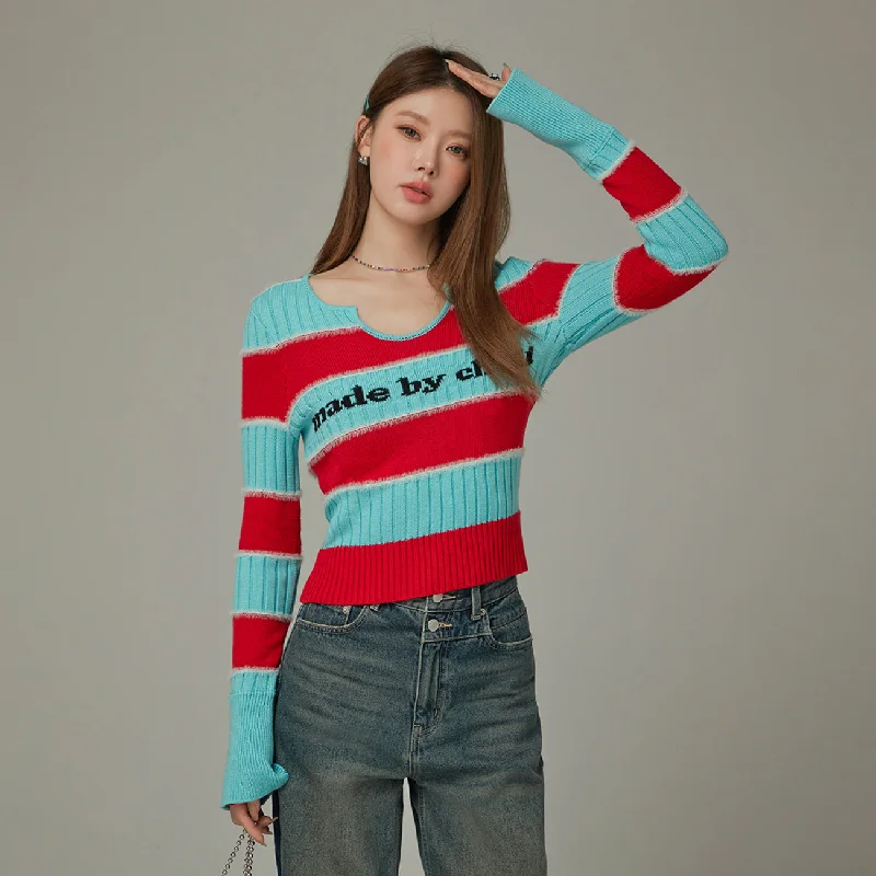 V-Neck Knit TopsLogo Color Stripe Knit Sweater