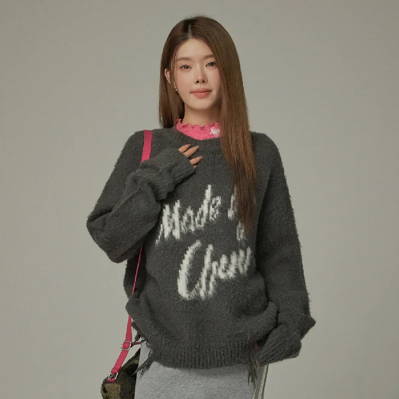 Fitted Knit TopsLogo Distressed Lettering Loose Fit Knit Sweater