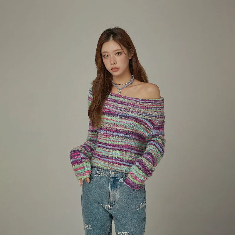 Plush Knit TopsOff-Shoulder Color Stripe Knit Sweater