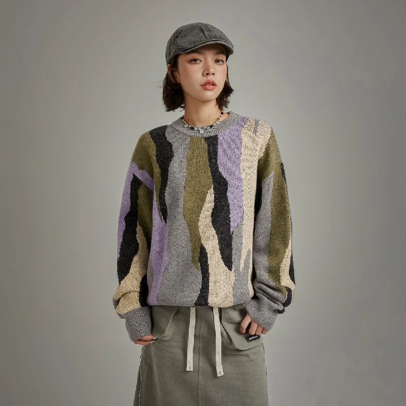 Mohair Knit TopsColor Pattern Loose Fit Knit Sweater