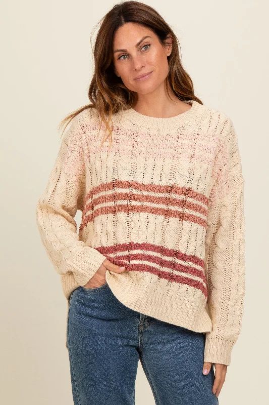 Punk Knit TopsBeige Mixed Cable Knit Striped Sweater