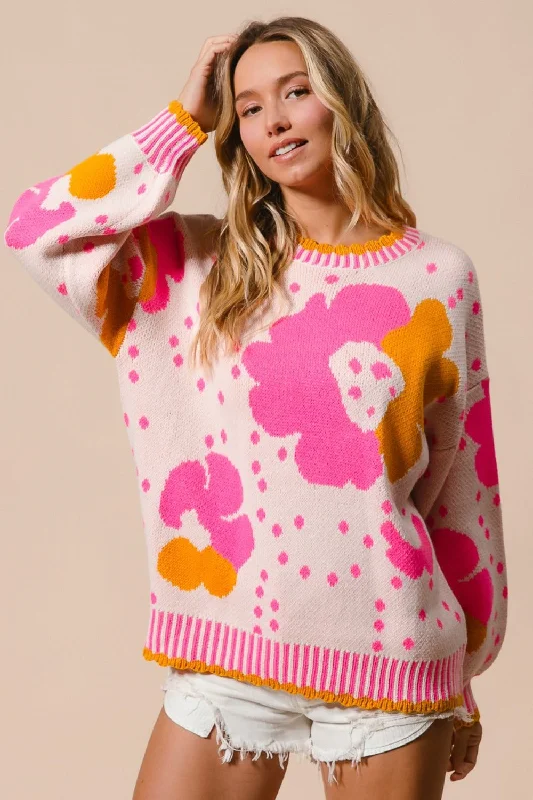 Camping Knit TopsBiBi Flower Pattern Contrast Sweater