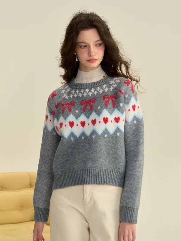 Travel Knit Tops【Final Sale】Elina Round Neck Ribbed Embroidered Bow Heartcore Sweater