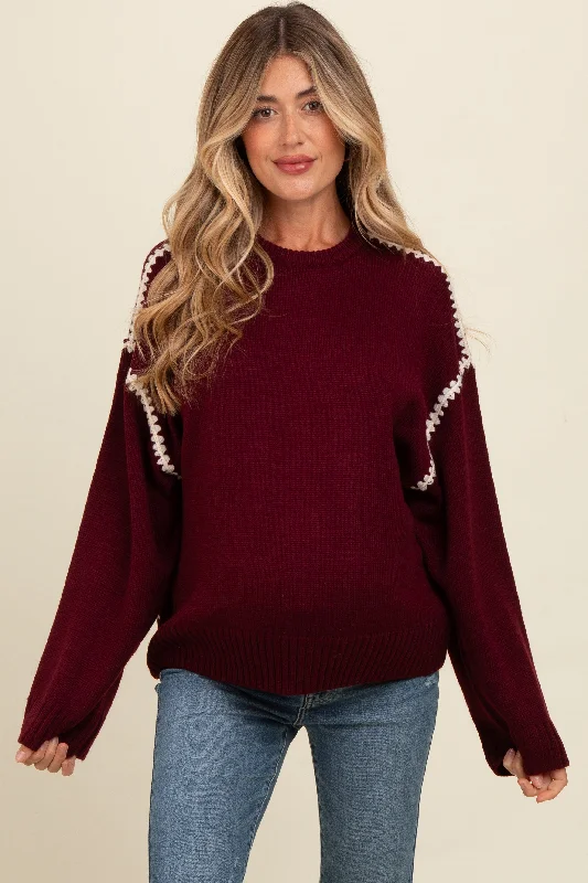 Hip-Hop Knit TopsBurgundy Contrast Stitch Maternity Sweater