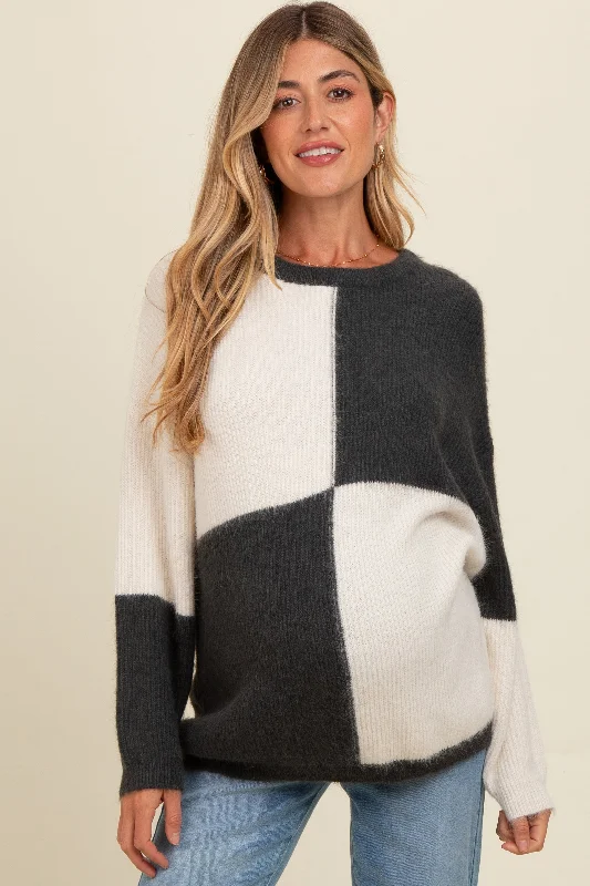 Urban Knit TopsCharcoal Colorblock Checker Print Fuzzy Knit Maternity Sweater