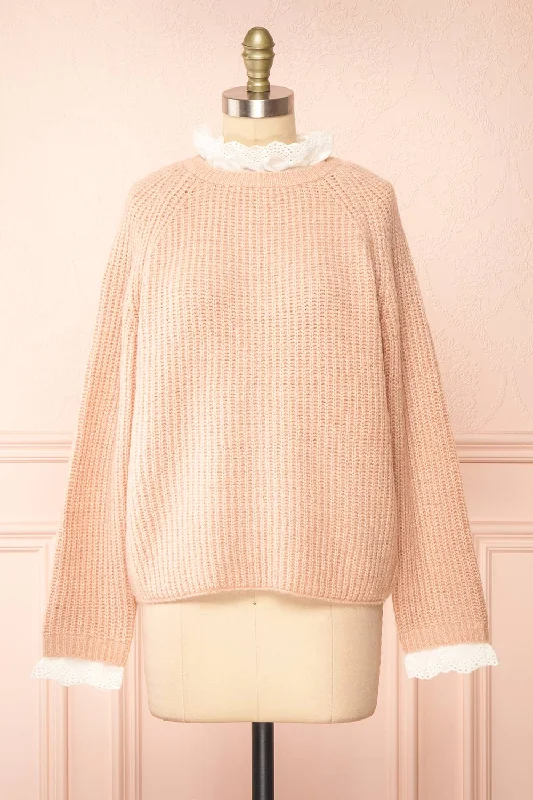 Cable Knit TopsEliona Pink | Knit Sweater w/ Embroidered Openwork Collar