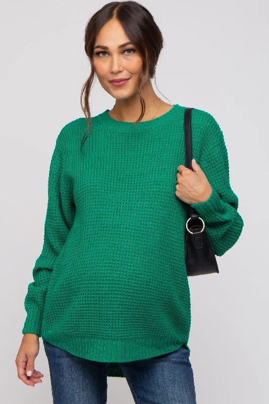 Band Merch Knit TopsEmerald Green Waffle Knit Round Hem Maternity Sweater