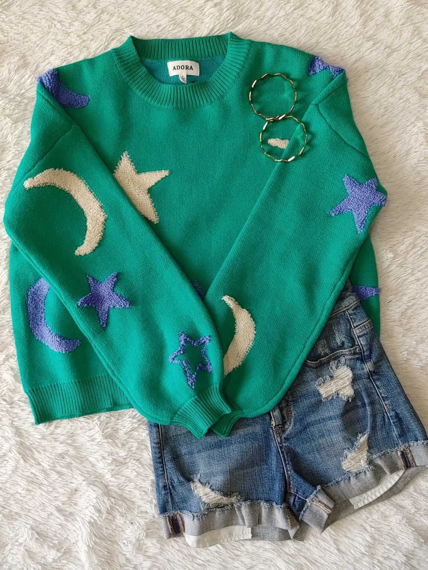 Leather-Paneled Knit TopsFluffy Star & Moon Sweater