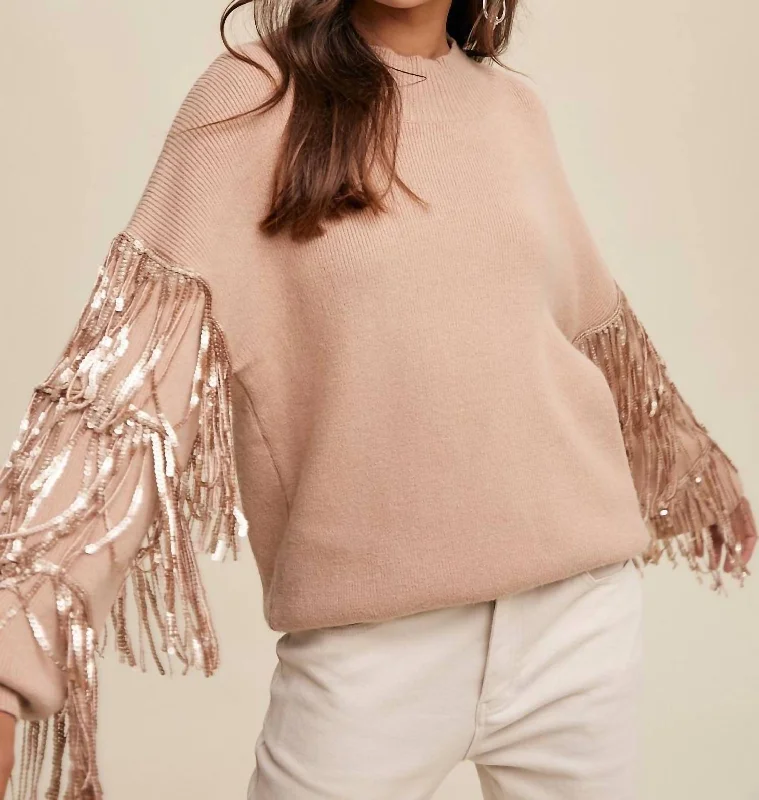 Festival Knit TopsKnit Sweater Fringe Sleeves In Beige