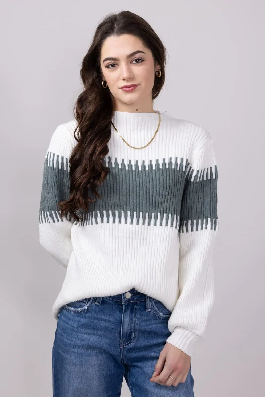 Ribbed Cuff Knit TopsMiracle Stripe Key Sweater for Women in Ivory Sage | M8183-IVORYSAGE