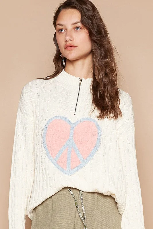 Running Knit TopsPOL Cable-Knit Peace Patch Dropped Shoulder Sweater