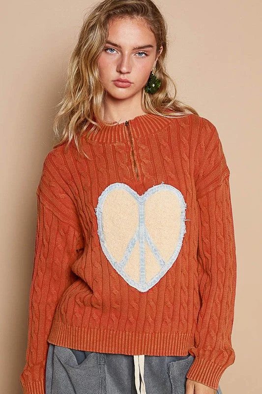 Hunting Knit TopsPOL Cable-Knit Peace Patch Dropped Shoulder Sweater