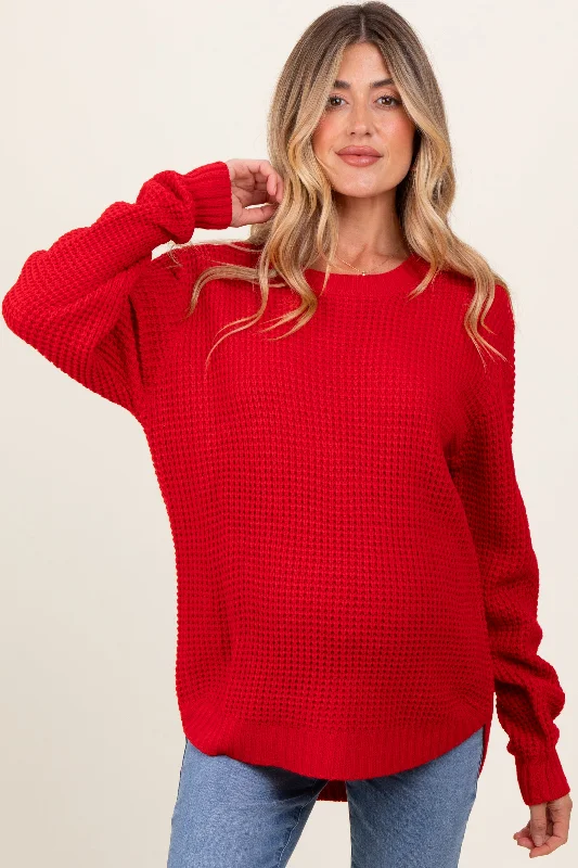 High-Fashion Knit TopsRed Waffle Knit Rounded Hem Maternity Sweater