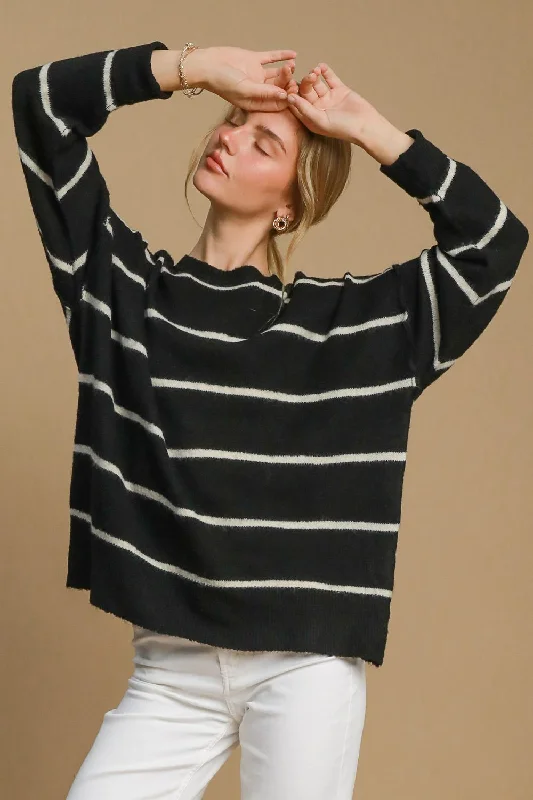 Fishing Knit TopsUmgee Wool Blend Striped Round Neck Sweater