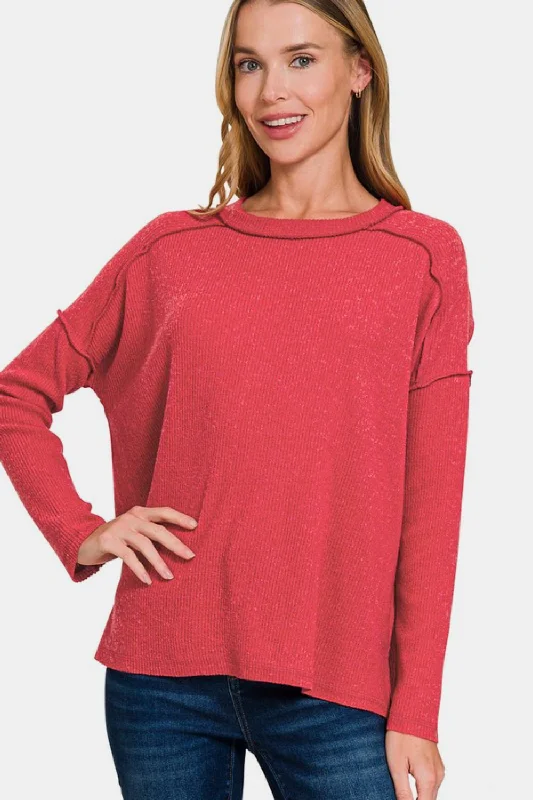 Yoga Knit TopsZenana Full Size Exposed Seam Brushed Round Neck Sweater