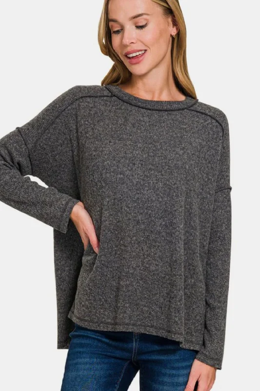 Cycling Knit TopsZenana Full Size Exposed Seam Brushed Round Neck Sweater